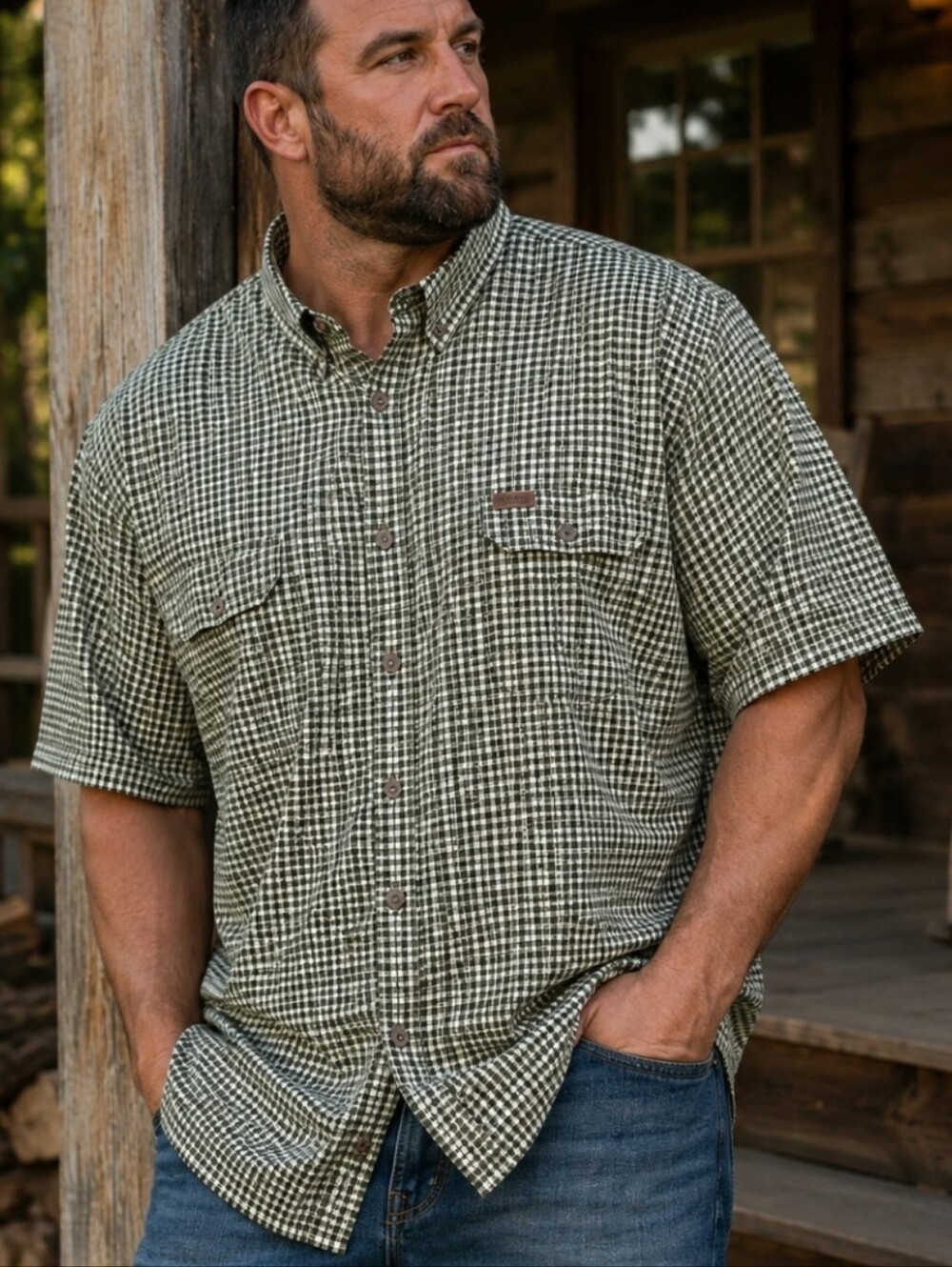 RedHead 3XL Fishing Shirt Olive Check Button Up Short Sleeve Cotton Big Tall